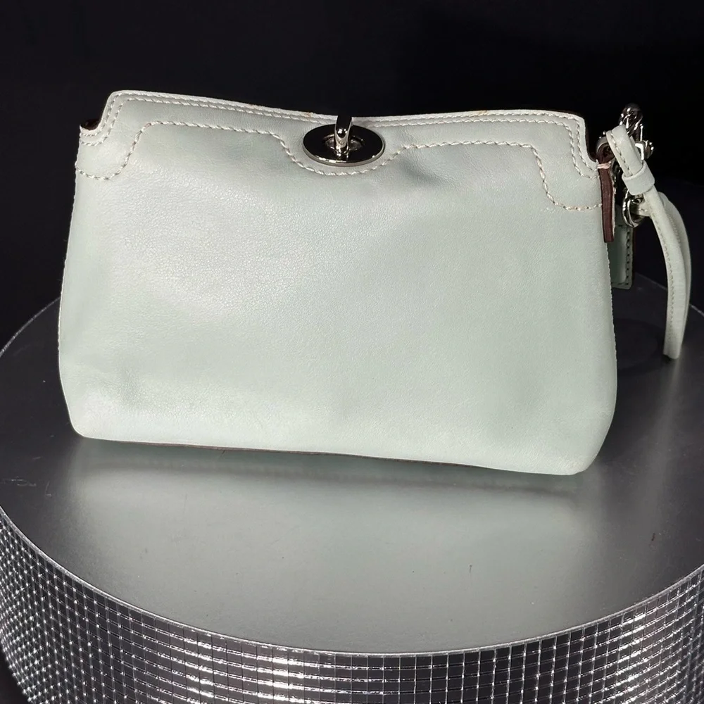 Mint Leather Wristlet Clutch with Turn-Lock Closure